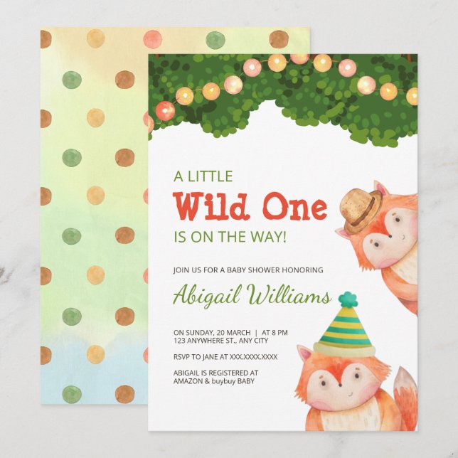 Invitation Woodland Family Fox Baby shower Wild One (Devant / Derrière)