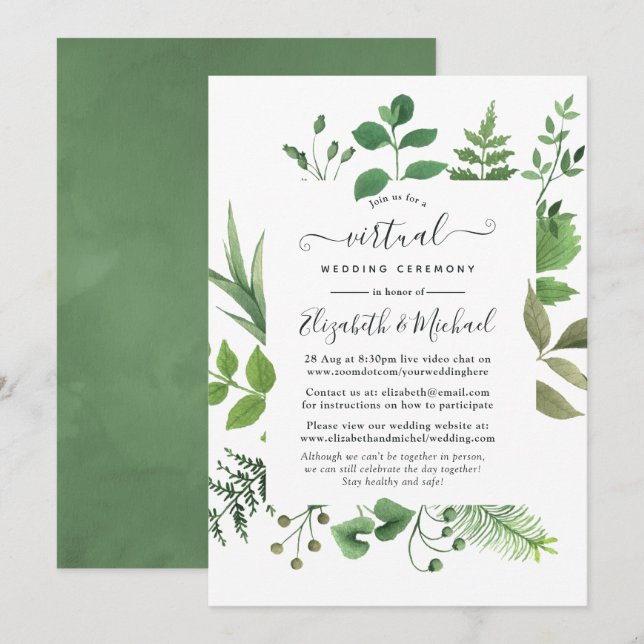 Invitation Woodland Forest Greenery Mariage virtuel en ligne (Devant / Derrière)