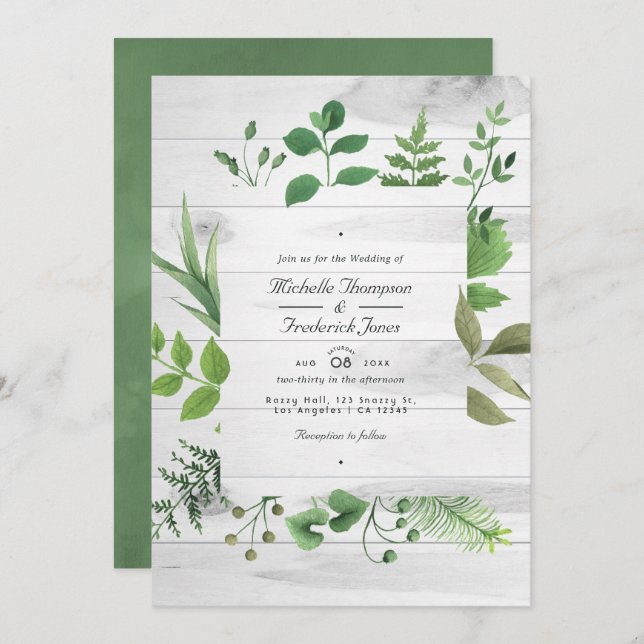 Invitation Woodland Forest Greenery QR Code Mariage rustique (Devant / Derrière)