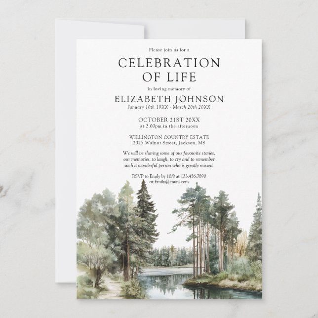 Invitation Woodland Forest Lake Celebration Of Life Funeral (Devant)