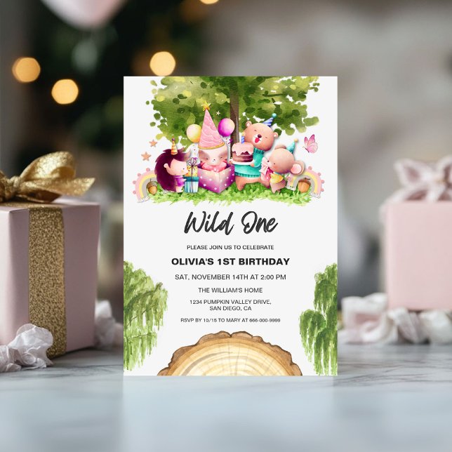 Invitation Woodland Forest Wild One Girl 1er anniversaire fêt (Woodland Wild One 1st birthday girl party invitation)