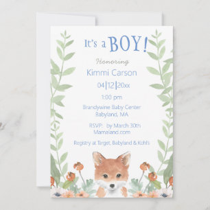 Invitation Woodland Fox Baby Boy Script Baby shower Floral