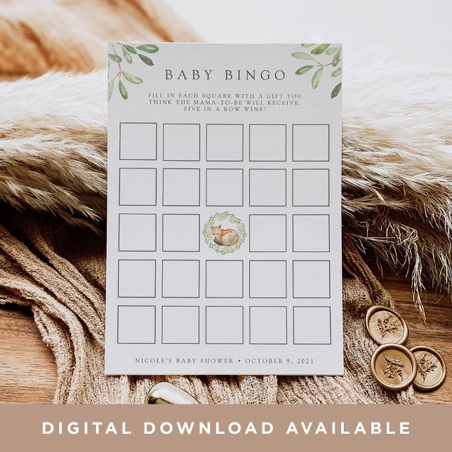 Invitation Woodland Fox Baby shower Bingo Game Card (Créateur téléchargé)