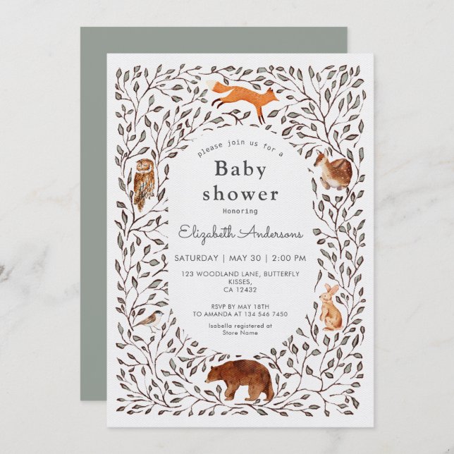 Invitation Woodland Friends Gender Neutral Sage Baby Shower (Devant / Derrière)