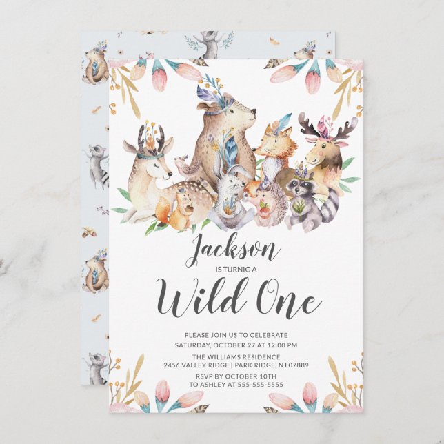 Invitation Woodland Friends Wild One Boys 1er Birthday Invita (Devant / Derrière)