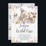 Invitation Woodland Friends Wild One Boys 1er Birthday Invita<br><div class="desc">Des animaux boisés mignons sauvages un garçon premier anniversaire Invitation sur un arrière - plan blanc avec un motif animal de coordination dos.</div>