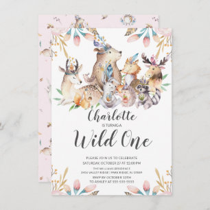 Invitation Woodland Friends Wild One Girls 1st Birthday Invit