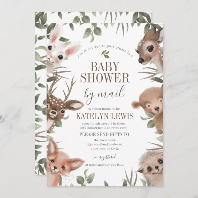 Invitation Woodland Greenery Baby shower par courrier (Devant / Derrière)
