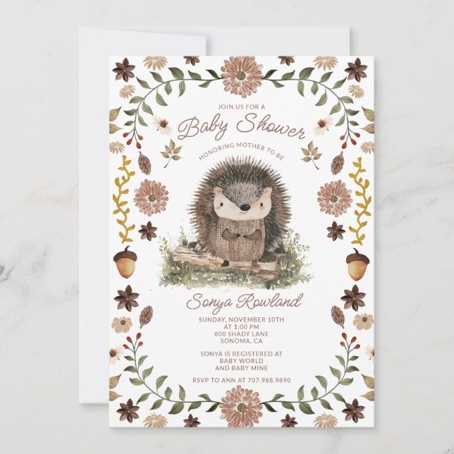 Invitation Woodland Hedgehog Baby Shower (Devant)