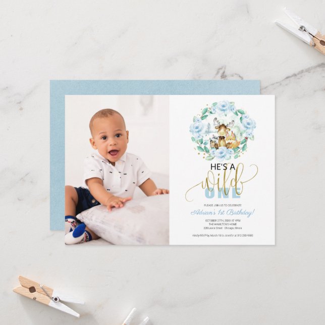 Invitation Woodland He's A Wild One Photo First Birthday Inv (Devant/Arrière en situation)