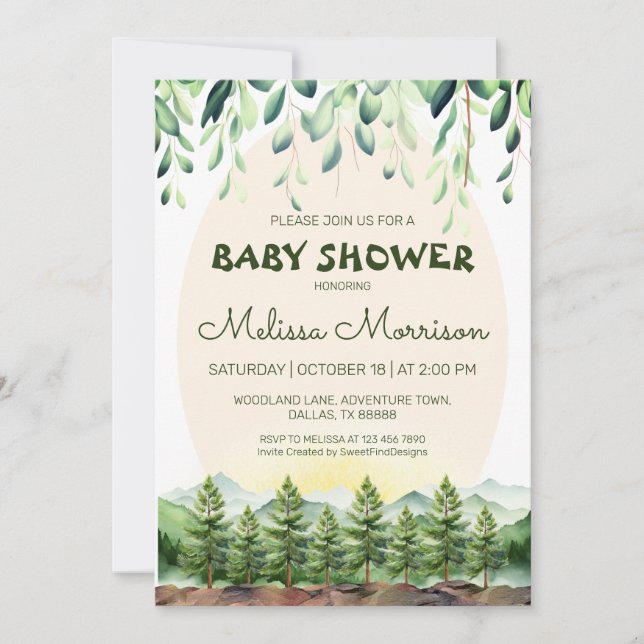 Invitation Woodland Mountains Baby Boy Douche (Devant)