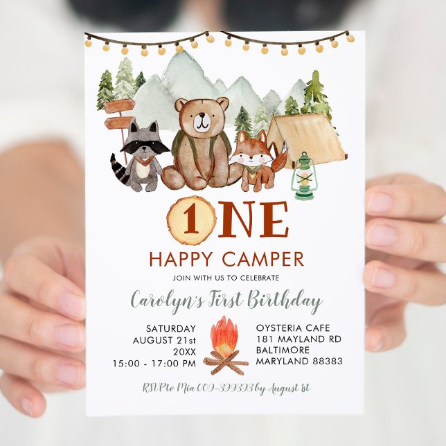 Invitation Woodland One Happy Camper First Birthday Invitatio (Créateur téléchargé)