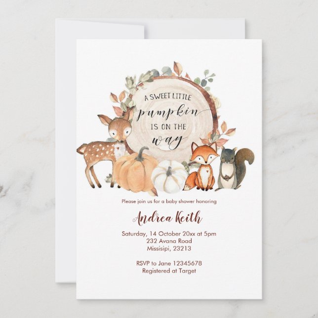Invitation Woodland Petit Citrouille Est En Route Baby shower (Devant)