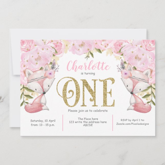 Invitation Woodland, Pink Floral, Fox, Girl, 1er anniversaire (Devant)