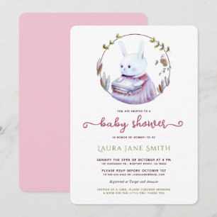 Invitation Woodland Rabbit Rose Green Livres Girl Baby shower