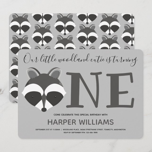 Invitation Woodland Raccoon Baby One First Birthday (Devant / Derrière)