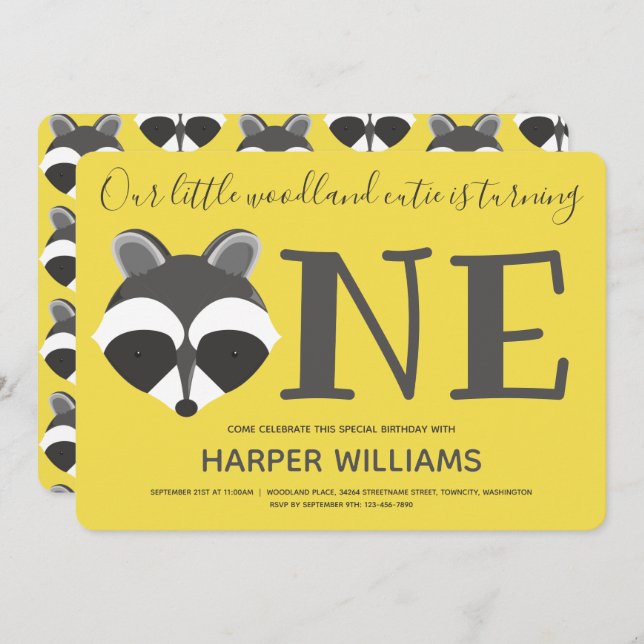 Invitation Woodland Raccoon Jaune Baby Un premier anniversair (Devant / Derrière)