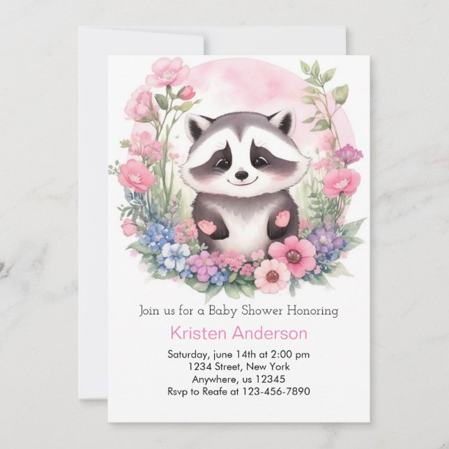 Invitation Woodland Raccoon Pink Adventure Girl Baby shower (Devant)