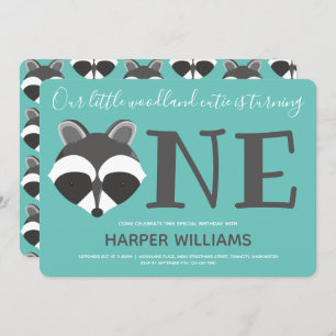Invitation Woodland Raccoon Turquoise Baby One First Birthday