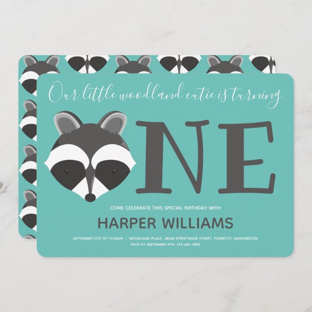 Invitation Woodland Raccoon Turquoise bébé un premier anniver (Devant / Derrière)