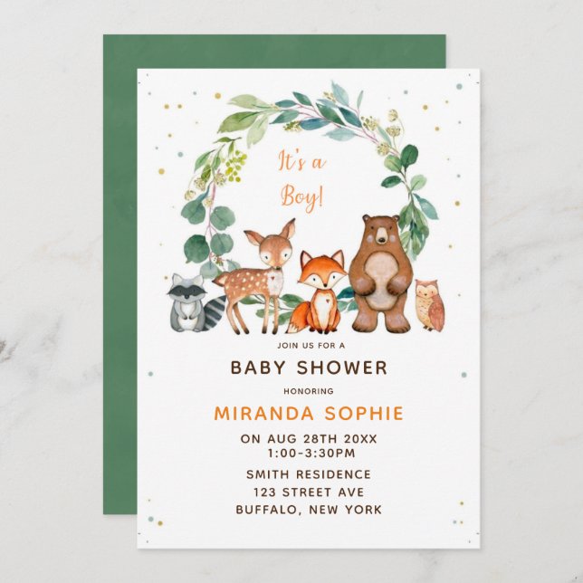 Invitation Woodland Safari Animaux garçon Baby shower Invitat (Devant / Derrière)