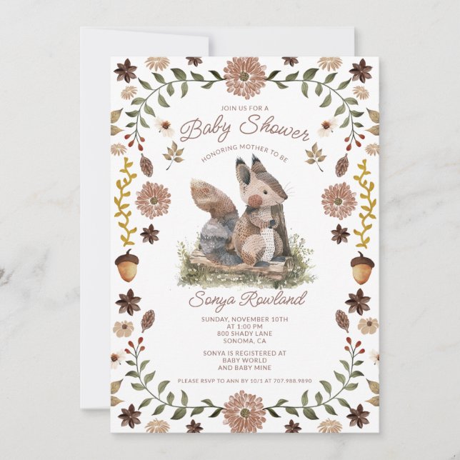 Invitation Woodland Squirrel Baby Shower (Devant)
