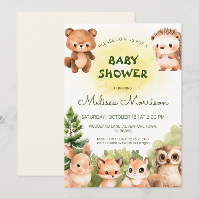 Invitation Woodland Sunshine Baby Boy Douche (Devant / Derrière)