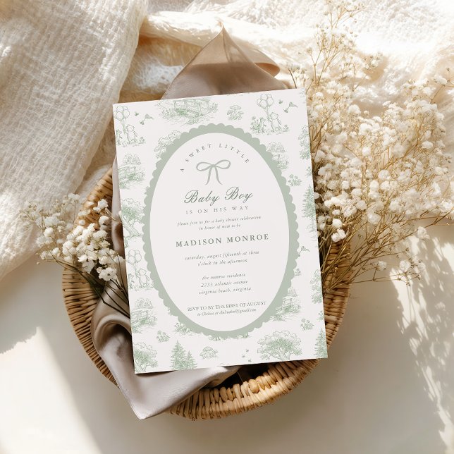 Invitation Woodland Toile Storybook Bow Baby Shower  (Woodland Toile Sage Green Bow Baby Shower Invitation)