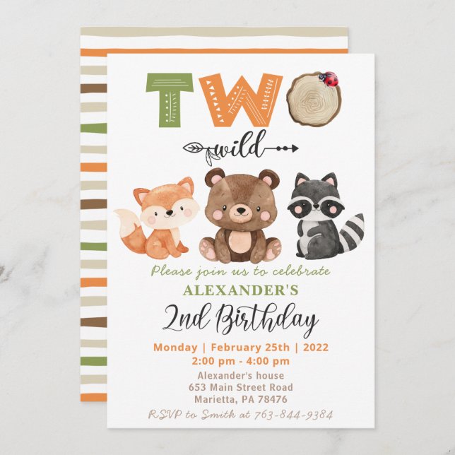 Invitation Woodland Two Wild Bear Fox Raccoon 2e anniversaire (Devant / Derrière)