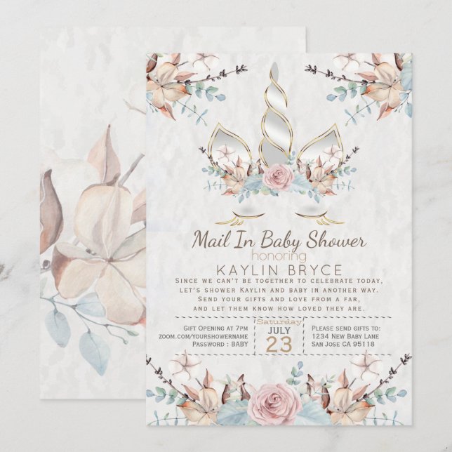 Invitation Woodland Unicorn Baby shower virtuel Kaylin (Devant / Derrière)