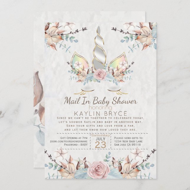 Invitation Woodland Unicorn Baby shower virtuel Kaylin2 (Devant / Derrière)