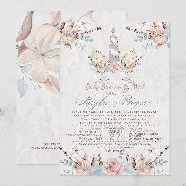 Invitation Woodland Unicorn Baby shower virtuel Kaylin4a Inv (Devant / Derrière)