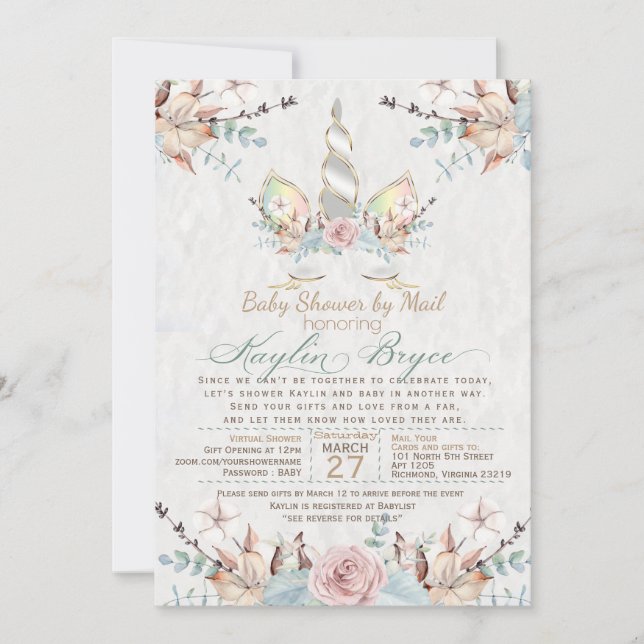 Invitation Woodland Unicorn Baby shower virtuel Kaylin5 Inv (Devant)