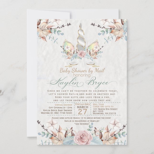 Invitation Woodland Unicorn Baby shower virtuel Kaylin7 Inv (Devant)