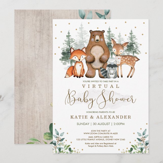 Invitation Woodland Virtual Baby shower Forest Zoom Party (Devant / Derrière)