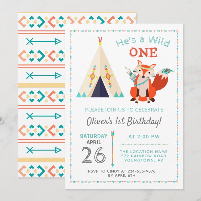 Invitation Woodland Wild One Fox Boho Teepee Boy1st Bird (Devant / Derrière)