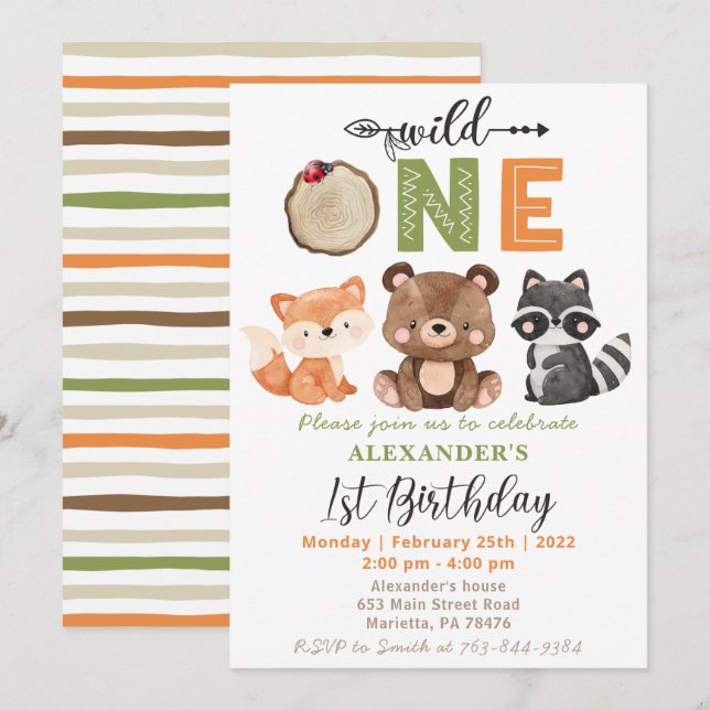 Invitation Woodland Wild One Oear Fox Raccoon Anniversaire (Devant / Derrière)