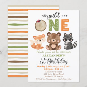 Invitation Woodland Wild One Oear Fox Raccoon Anniversaire