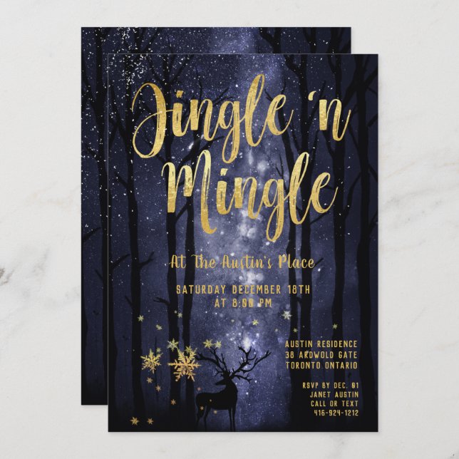 Invitation Woodland Winter Jingle Mingle Gold Fête (Devant / Derrière)