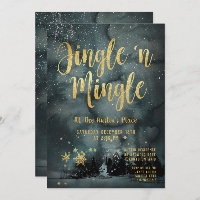 Invitation Woodland Winter Jingle Mingle Gold Fête (Devant / Derrière)
