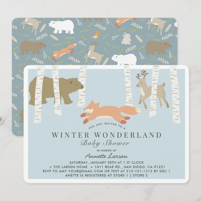 Invitation Woodland Winter Wonderland Baby shower bleu (Devant / Derrière)
