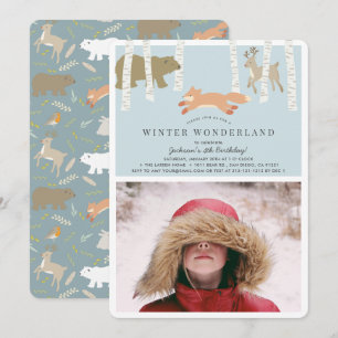 Invitation Woodland Winter Wonderland Blue Photo Anniversaire