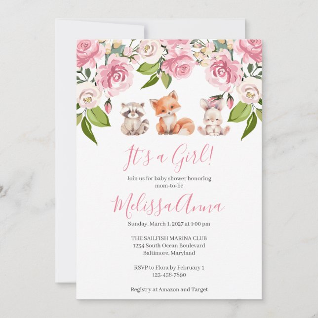 Invitation Woodlands Baby Girl Douche (Devant)