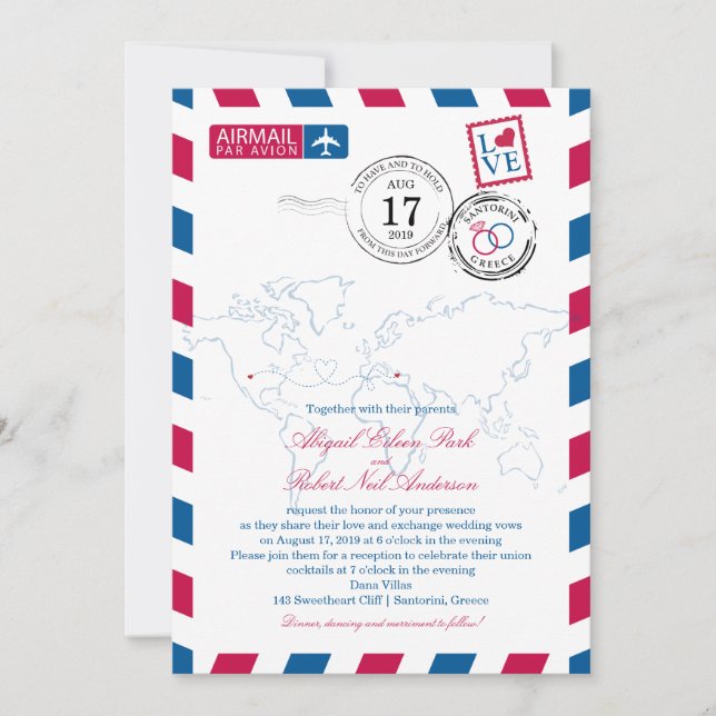 Invitation World Airmail USA & Santorin Grèce | Mariage (Devant)