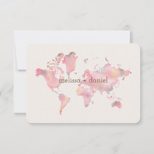 Invitation World Map in Pink Shades for Wedding or Event (Devant)