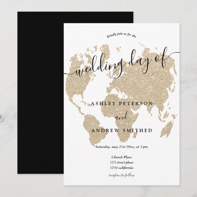 Invitation World map parties scintillant or clair chic script (Devant / Derrière)