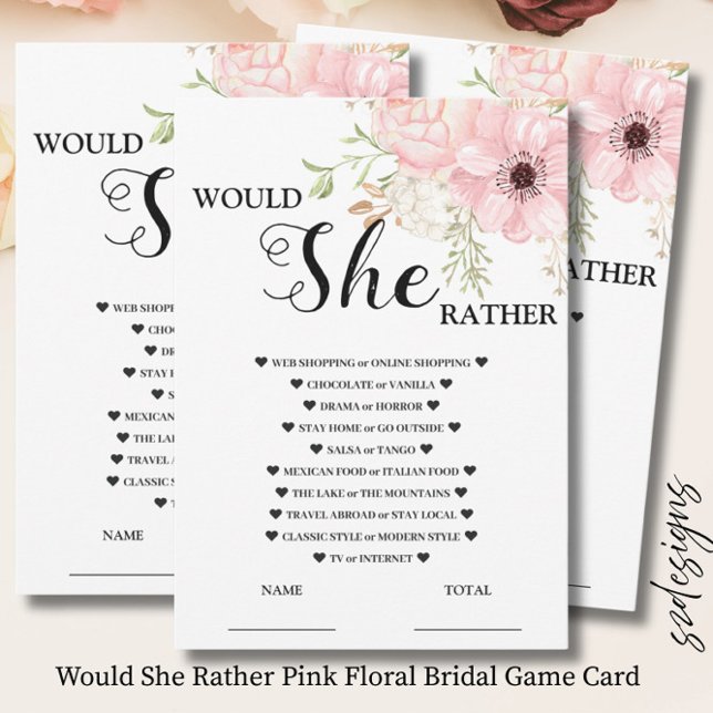 Invitation Would She Rather Pink Floral Bridal Game  Card (Créateur téléchargé)