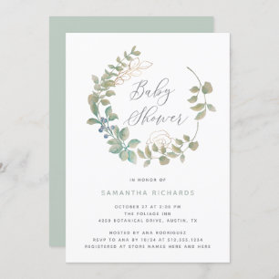 Invitation Wreath à feuilles Baby shower botanique en or