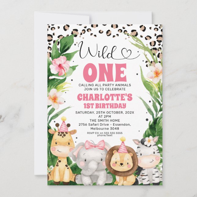 Invitation Wreath Cheetah Print Safari Wild One 1er anniversa (Devant)
