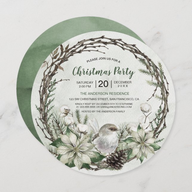 Invitation Wreath d'hiver Poinsettia & Bird Christmas (Devant / Derrière)